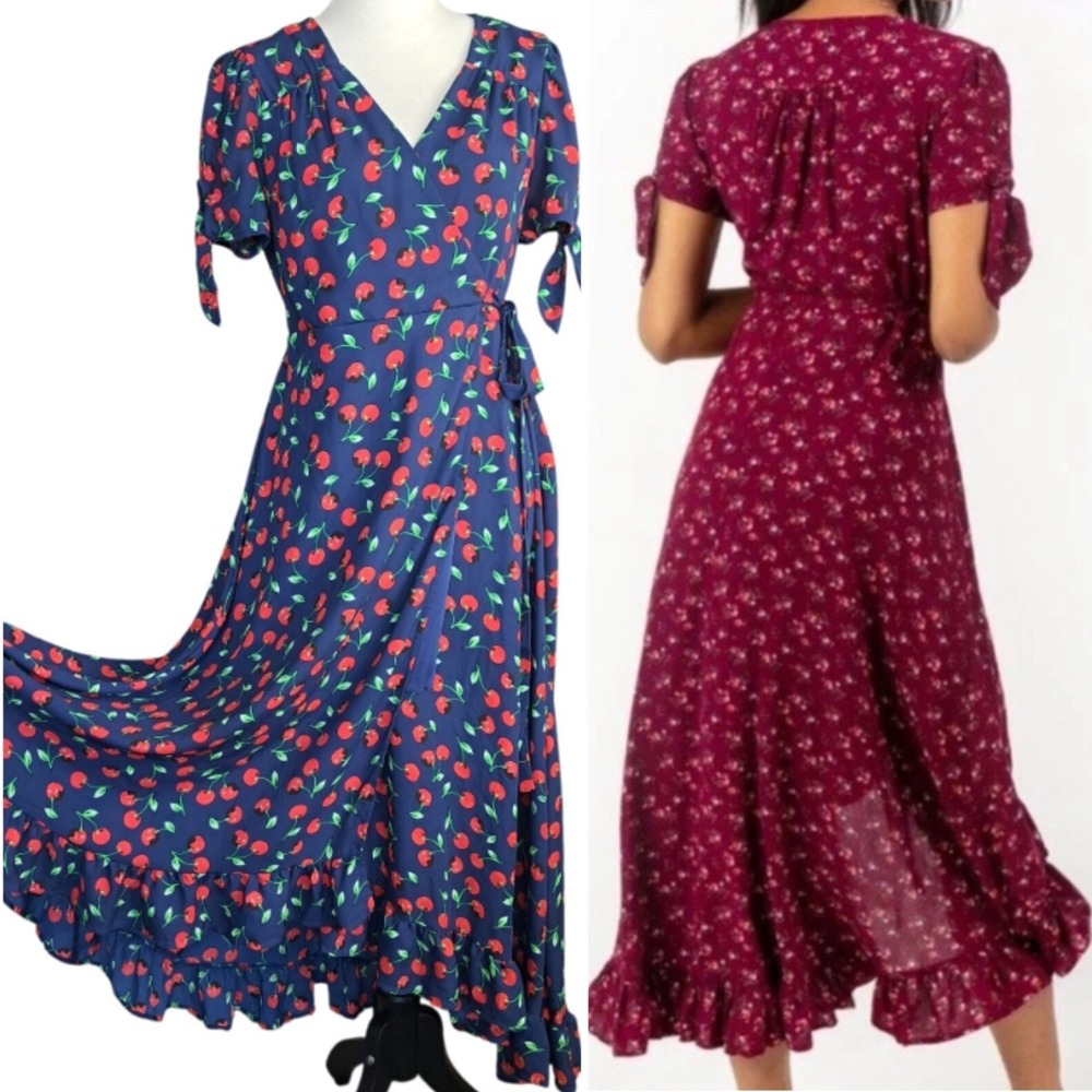 Mi Ami Cherry‎ Print Long Wrap Dress Size Large Blue & Red Ruffle Hem Lined
